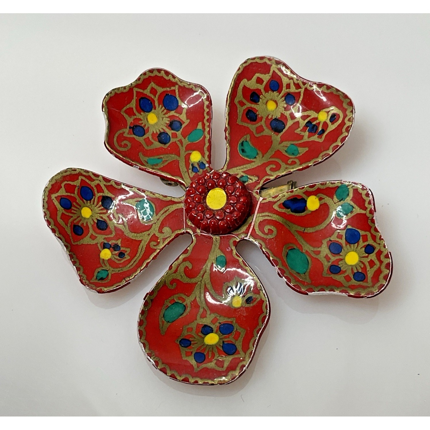 Vintage West Germany Enamel Flower Brooch Red Floral Pin 3